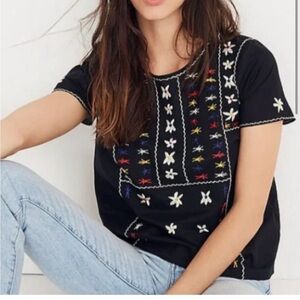Madewell Embroidered Black Tie Cut-Out Top